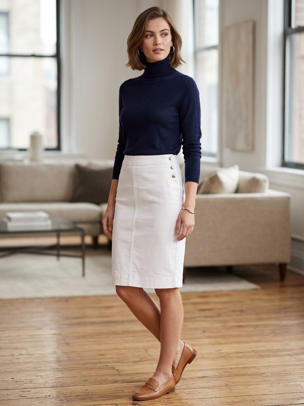 Worth New York white denim button detail pencil skirt large